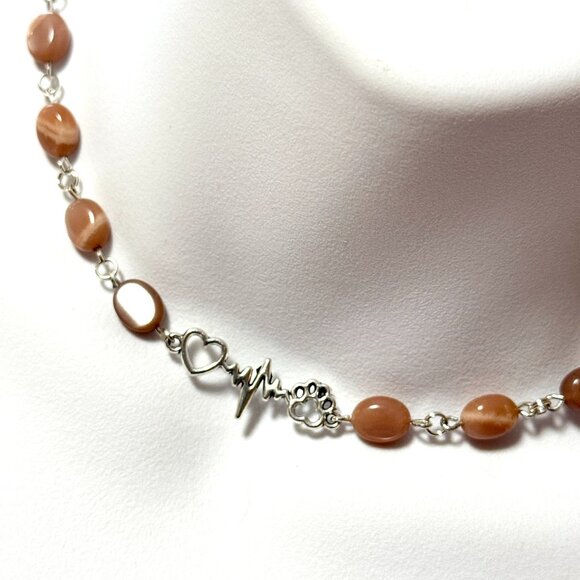 Peach Moonstone Adjustable Choker, Paw Print Heart Beat Pendant+Genuine Gemstone - Picture 1 of 15